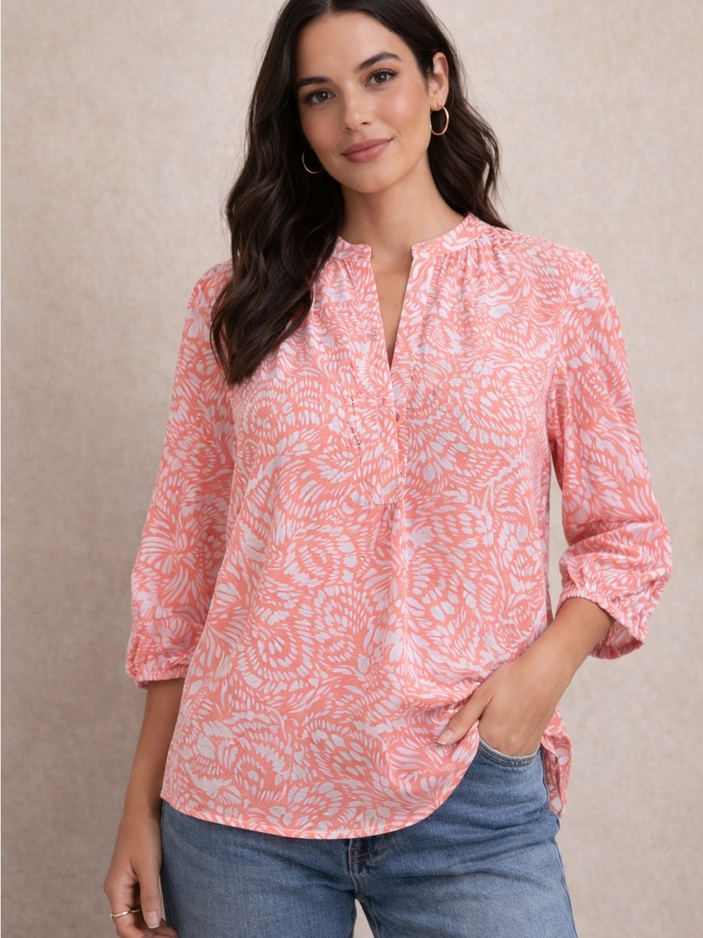 Counterparts Coral Pink Printed Split-Neck Tunic